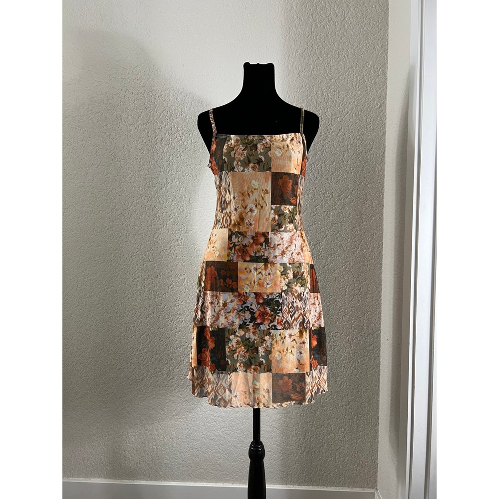 Vintage Patchwork Mesh Slip Dress Floral Lettuce Edge Earth Tone Fairycore